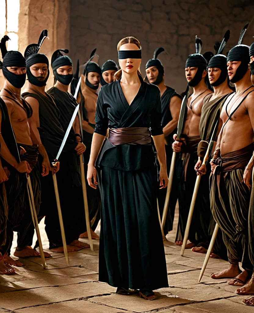 A woman with a blindfold and elegant clothes standing in front of a group of warriors
