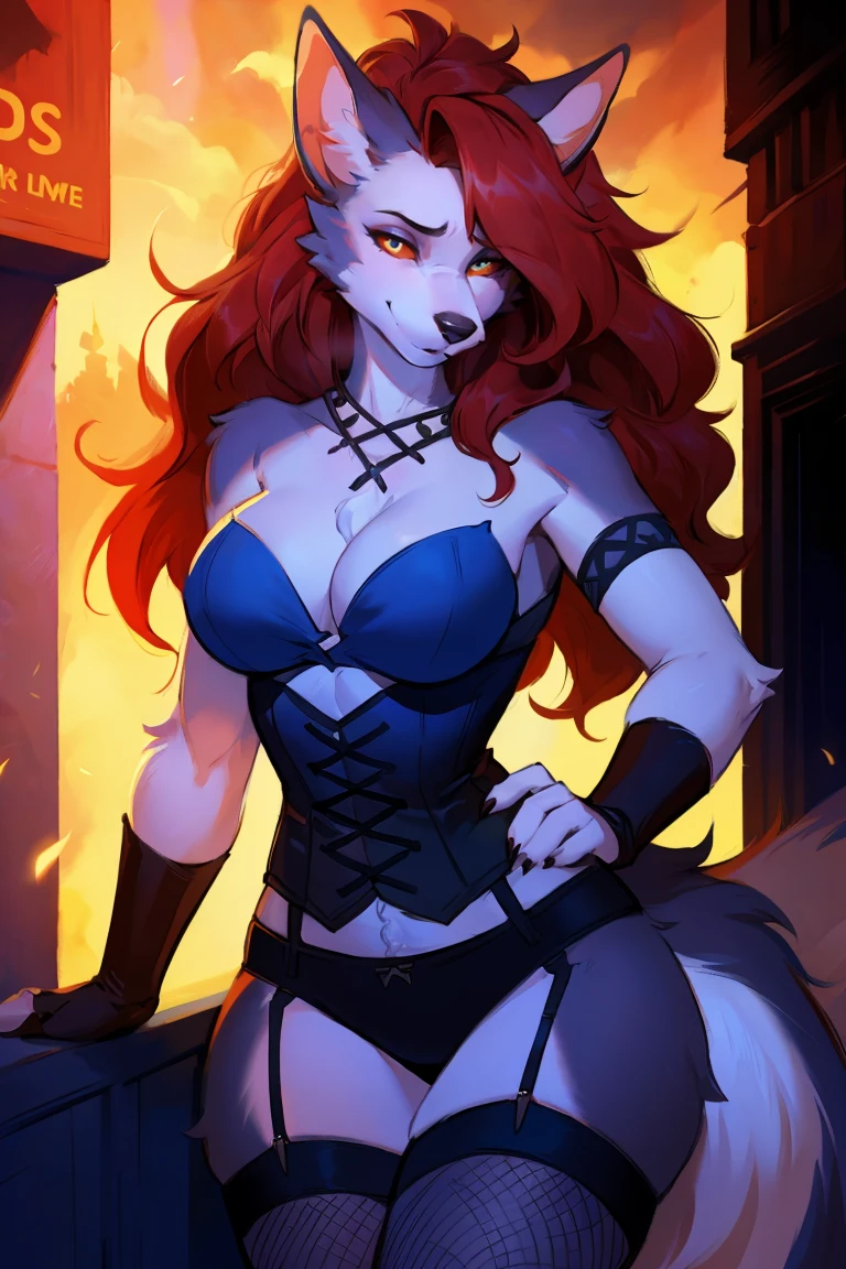 a female werewolf, a wizard, dark fantasy, Beautiful figure,Height 193 cm,Long flowing red hair, close_up,(Fluffy anthropomorphic furry :1.6),curls,fur,Neck hair,极其细致的fur,detailed facial features, fantasy art, cinematic lighting, dramatic atmosphere, highly detailed, intricate details, rich colors, dramatic shadows, digital painting, concept art, fur, Tail, Wide hips, Fishnet stockings,(Garter:1.2), Animal ears,(looking at viewer:1.2)