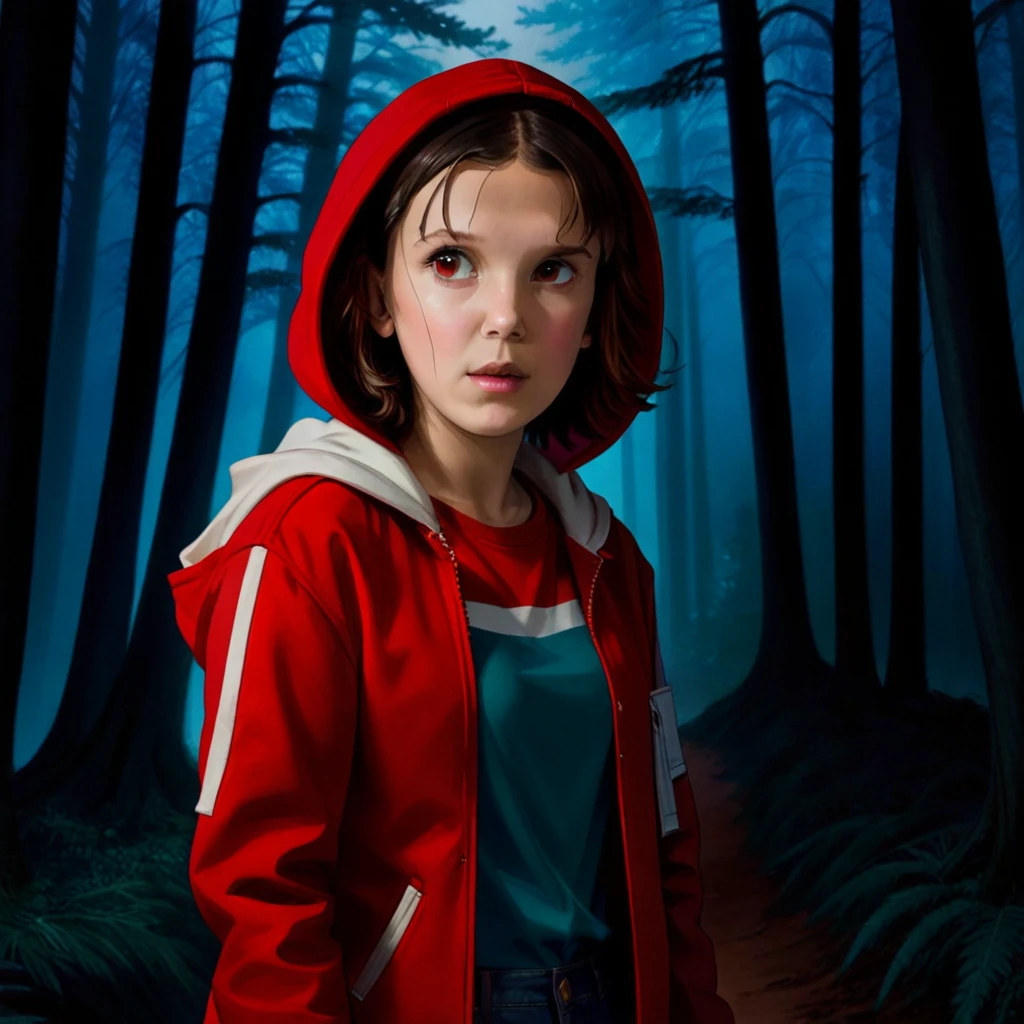 milli3 woman, millie bobby brown, 1 girl wearing a red jacket and a red hood, netflix, stranger things, eleven, in a dark forest, front view