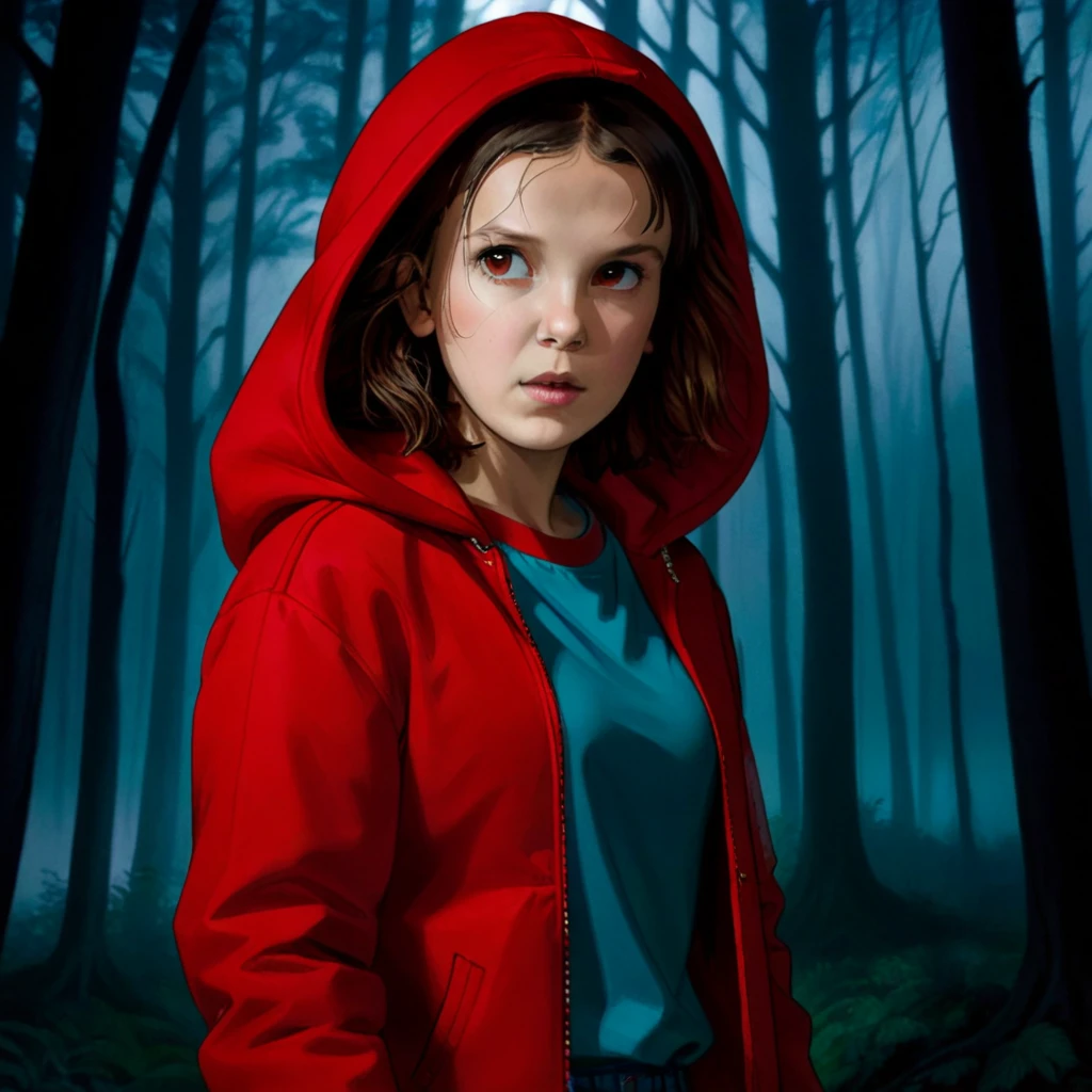 milli3 woman, millie bobby brown, 1 girl wearing a red jacket and a red hood, netflix, stranger things, eleven, in a dark forest, front view