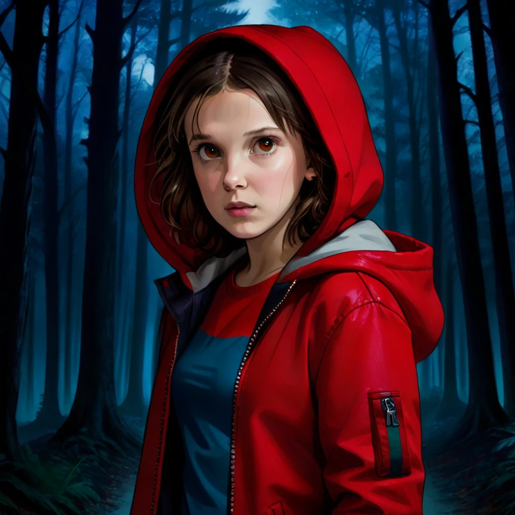 milli3 woman, millie bobby brown, 1 girl wearing a red jacket and a red hood, netflix, stranger things, eleven, in a dark forest, front view