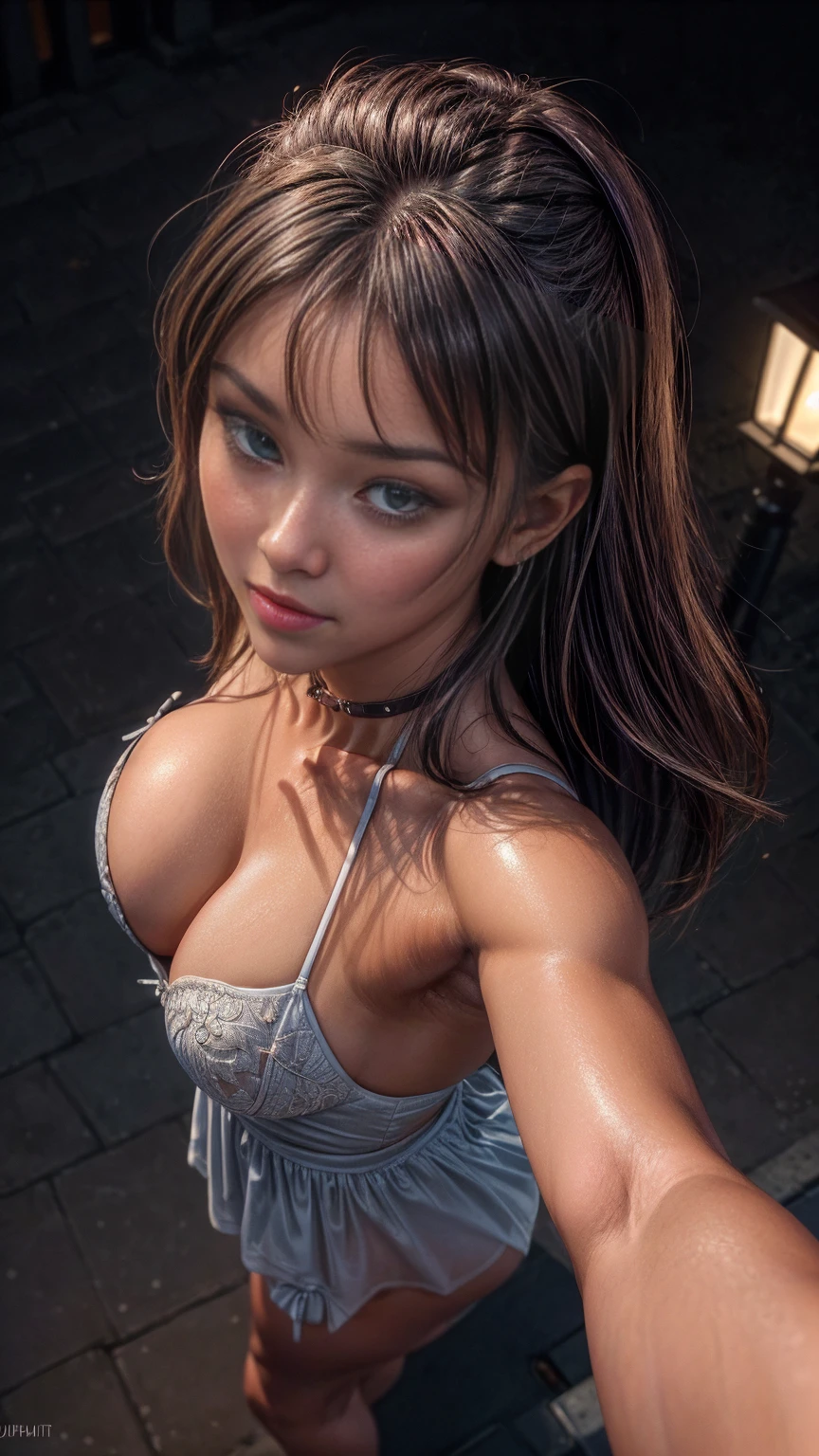 (selfie shot, from above:1.5), RAW uhd portrait photo of a 16-year-old brunette full body posed in lingerie walking down a dark alleyway, (muscular female:1.5), natural breast, (flexing bicep pose), nighttime city background, (red sundress), (cleavage), detailed (textures!, hair!, shine, color!!, imperfections:1.1), highly detailed glossy eyes, head leaned back, (looking up at the camera), specular lighting, dslr, ultra quality, sharp focus, tack sharp, dof, film grain, (centered), Fujifilm XT3, crystal clear, center of frame, cute face, sharp focus, street lamp, neon lights, bokeh, (dimly lit), low key, at night, (night sky)  detailed skin pores, oiled skin, tan, intricate eye detail