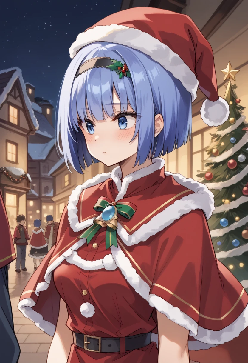 blue hair,blue eyes,short hair,jewelry hairband, short hair, bob cut
 blush, red capelet, christmas, santa dress, capelet, dress, fur-trimmed capelet, santa costume, santa hat, red dress, red headwear, bangs, breasts, fur-trimmed dress, hat, fur trim, upper body, masterpiece, best quality,
