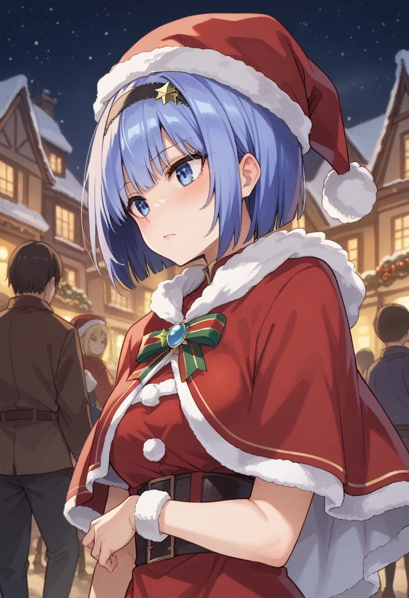 blue hair,blue eyes,short hair,jewelry hairband, short hair, bob cut
 blush, red capelet, christmas, santa dress, capelet, dress, fur-trimmed capelet, santa costume, santa hat, red dress, red headwear, bangs, breasts, fur-trimmed dress, hat, fur trim, upper body, masterpiece, best quality,
