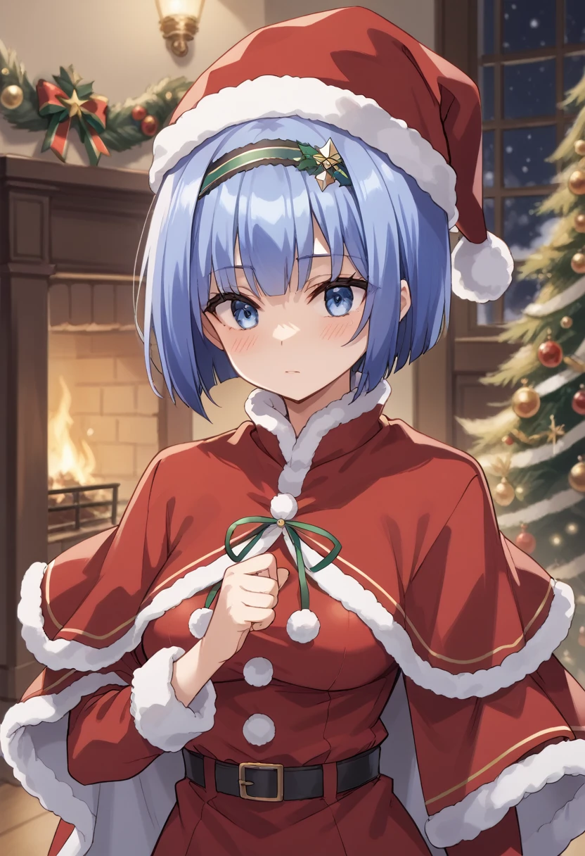 blue hair,blue eyes,short hair,jewelry hairband, short hair, bob cut
 blush, red capelet, christmas, santa dress, capelet, dress, fur-trimmed capelet, santa costume, santa hat, red dress, red headwear, bangs, breasts, fur-trimmed dress, hat, fur trim, upper body, masterpiece, best quality,
