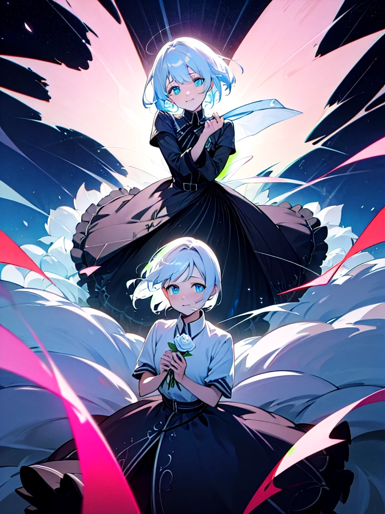 Ultra Quality art,Ultra high res,Anime art,Perfect Art,Under a stunning wide sea of starry night sky A detective with shining blue eyes short white hair carry a white rose with a smile and surrounded by beautiful flower flied and have a aura like a princess