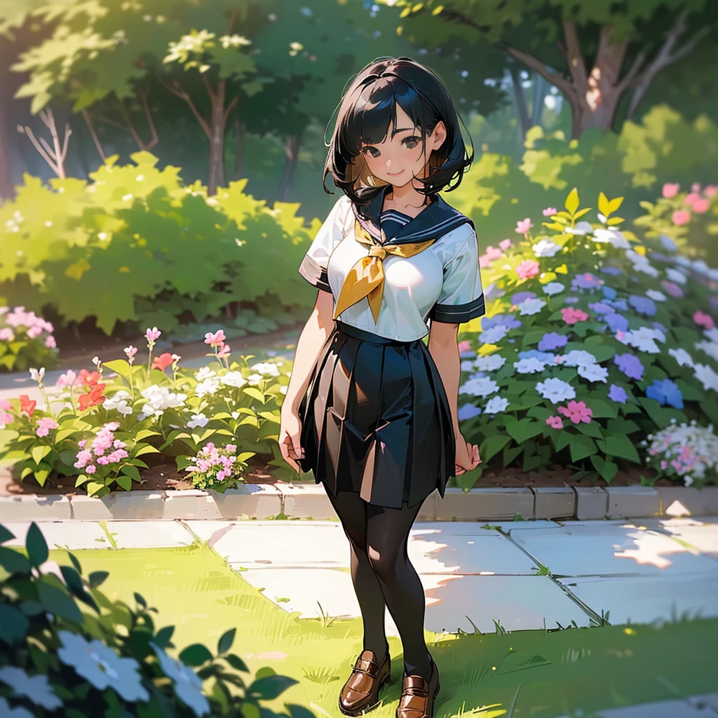 (Highest quality, High resolution, Super detailed, Realistic:1.37), Peaceful atmosphere, (Outdoor, garden), Teenage girl standing alone,(my breasts are big.),Beautifully detailed features, Cute Smile, ((Black bob hair)),Short-sleeved sailor uniform, Pleated skirt,Black tights,Brown leather shoes.