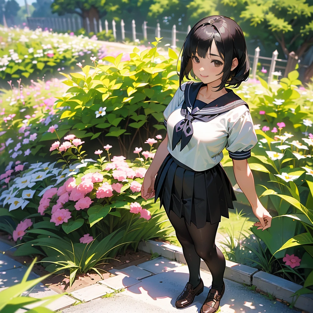 (Highest quality, High resolution, Super detailed, Realistic:1.37), Peaceful atmosphere, (Outdoor, garden), age girl standing alone,(my brea big.),Beautifully detailed features, Cute Smile, ((Black bob hair)),Short-sleeved sailor uniform, Pleated skirt,Black tights,Brown leather shoes.