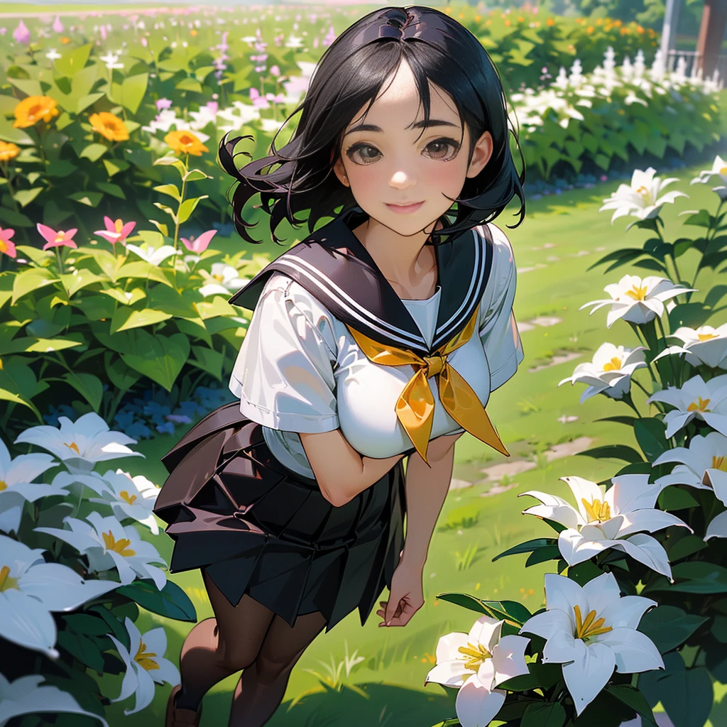 (Highest quality, High resolution, Super detailed, Realistic:1.37), Peaceful atmosphere, (Outdoor, garden), girl standing alone,(my breasts are big.),Beautifully detailed features, Cute Smile, ((Black bob hair)),Short-sleeved sailor uniform, Pleated skirt,Black tights,Brown leather shoes.