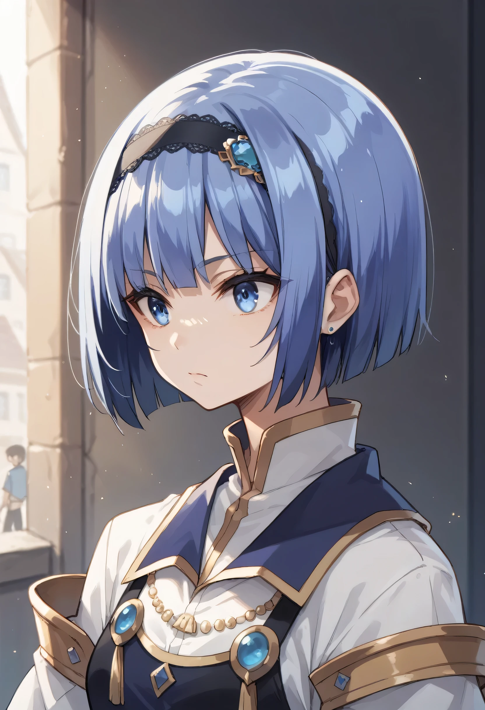 blue hair,blue eyes,short hair,jewelry hairband, short hair, bob cut