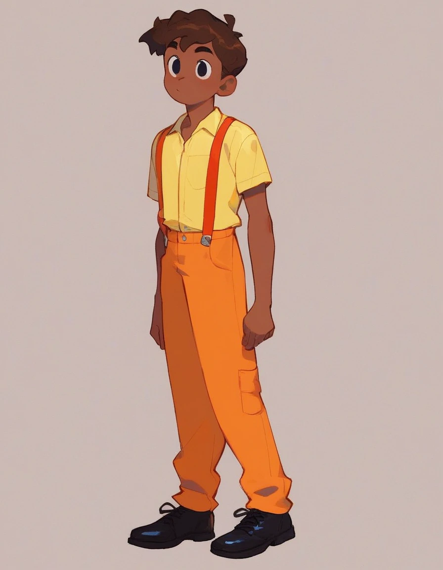 alex, solo 1boy., simple background, full body, semi dark skin, black eyes, brown hair, yellow shirt, orange suspenders, orange pants, black shoes