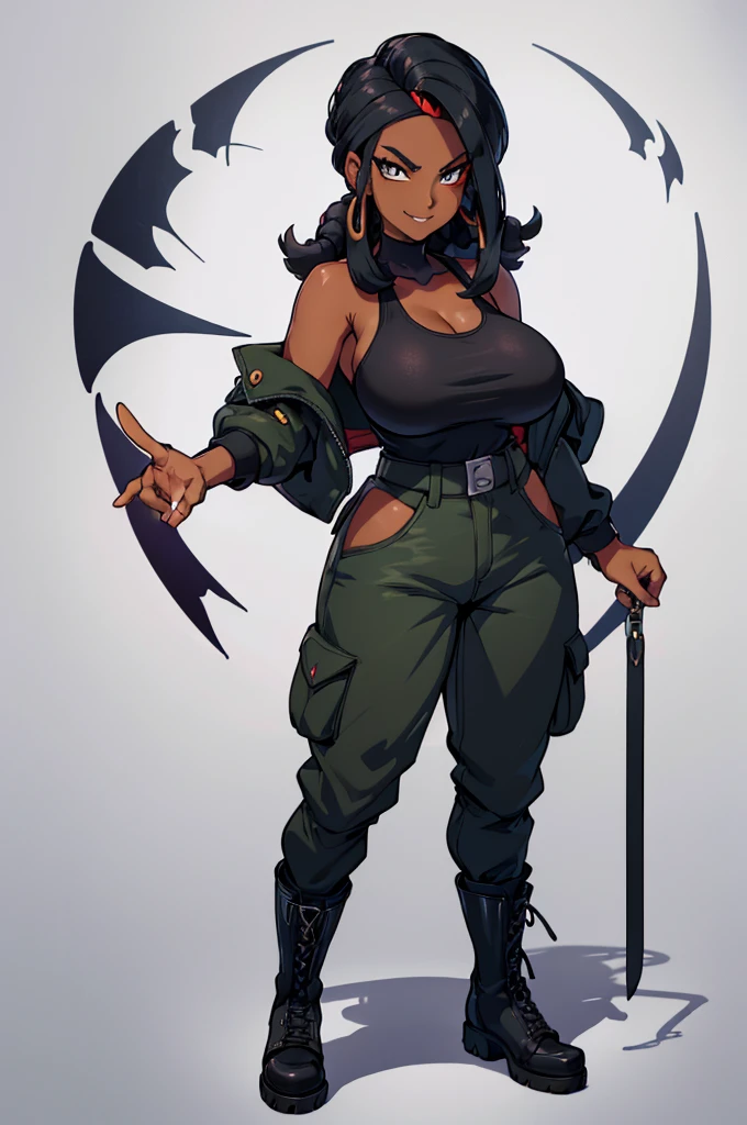 (masterpiece, best quality, high resolution, (pokemon style) ((huge breasts)) 1 mature woman, black hair with dreadlocks, (dark skin,) tank top, strapless, military pants, combat boots,, military coat evil smile, ((white background) ,)) , ((full body standing)),