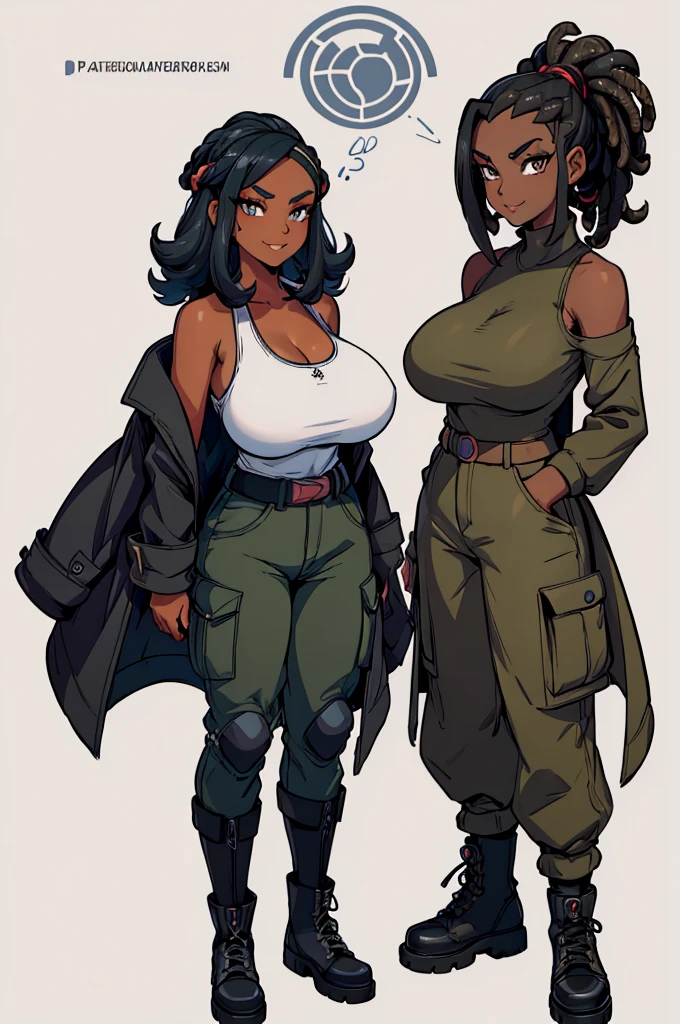 (masterpiece, best quality, high resolution, (pokemon style) ((huge breasts)) 1 mature woman, black hair with dreadlocks, (dark skin,) tank top, strapless, military pants, combat boots,, military coat evil smile, ((white background) ,)) , ((full body standing)),

