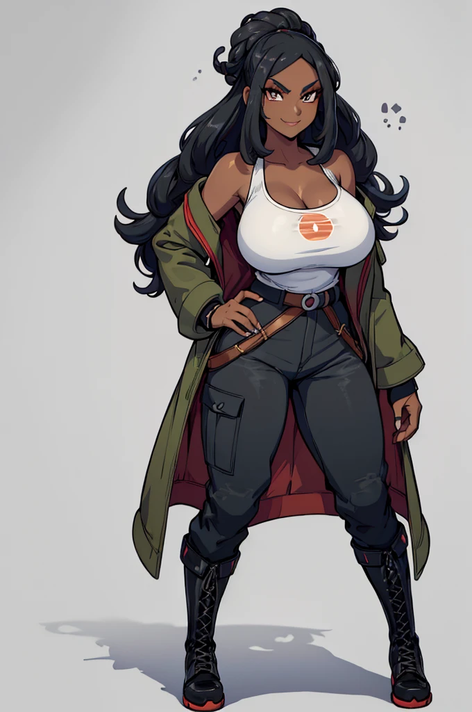 (masterpiece, best quality, high resolution, (pokemon style) ((huge breasts)) 1 mature woman, black hair with dreadlocks, (dark skin,) tank top, strapless, military pants, combat boots,, military coat evil smile, ((white background) ,)) , ((full body standing)),

