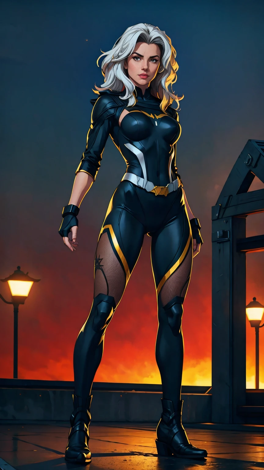 ((Full body photo, standing, feet on the ground)) (best quality, 4k, 8k, high resolution, masterpiece: 1,2), ultra-detailed, fishnet tights, (realistic, photorealistic, photorealistic: 1, 37), full body photo, Rogue, X-Men, yellow high boots, beauty pose, standing, show feet, outside, city roof at night, black and white uniform

