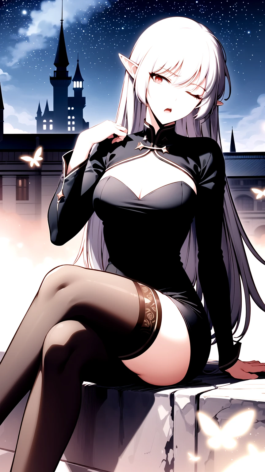 best quality, (masterpiece:1.2), detailed, alice, ;o, one eyes closed, grey hair, long hair, red eyes, pointy ears, large breasts, black dress, cleavage cutout, long sleeves, thighhighs, thigh strip, sitting, crossed legs, head tilt, looking at the viewer, castle, night, fireflies, starry sky