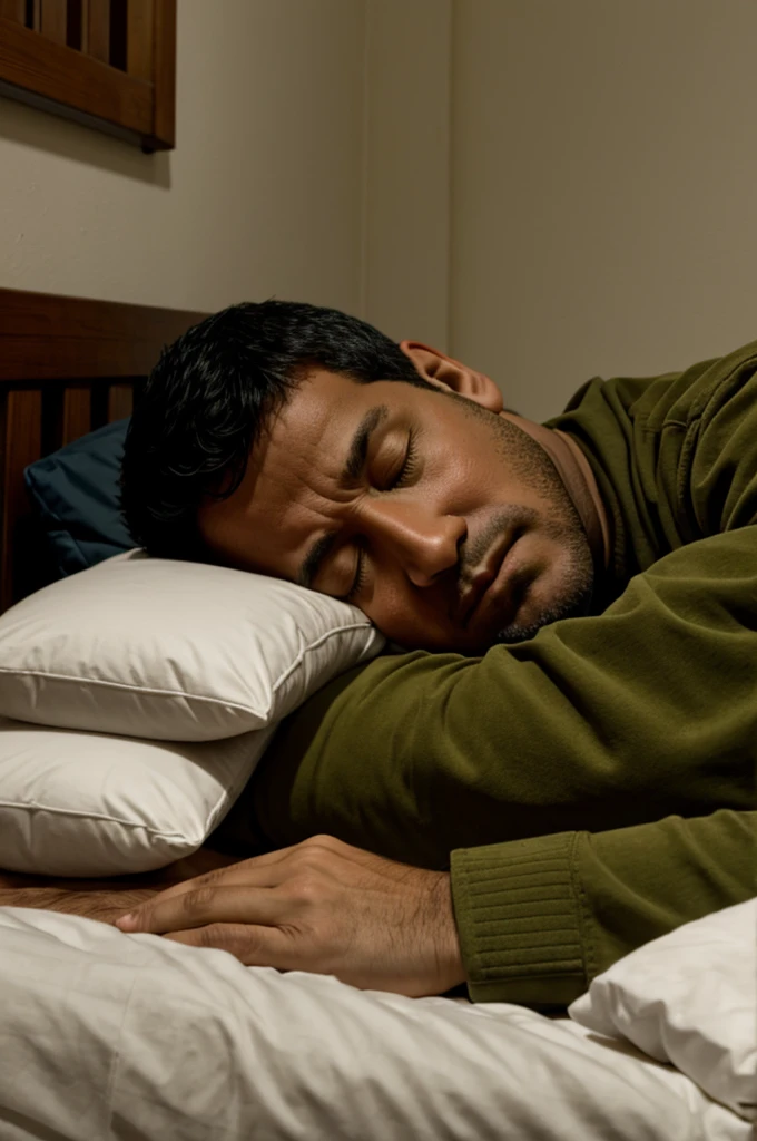Don Bosco in his bed, looking tired, closing your eyes to sleep.