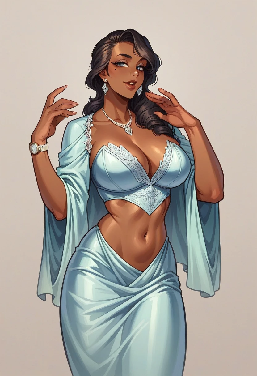 (8k, Best Quality, masterpiece:1,2), (realist, photo-realist:1,37), top quality, masterpiece, A pretty woman. Elegant style. The style of Latin women., dark skin with a mole near the chin, pretty eyes, by the wide, He wears a watch on his left hand and has a piercing in his navel.