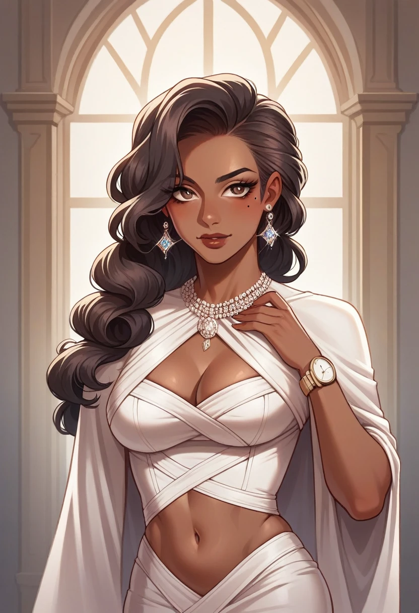 Black African woman, dark-skinned, 30years, gray braided hair. wearing a short nightgown dress. defined body, abdomen due. mature woman. You are opening the door to your house.
