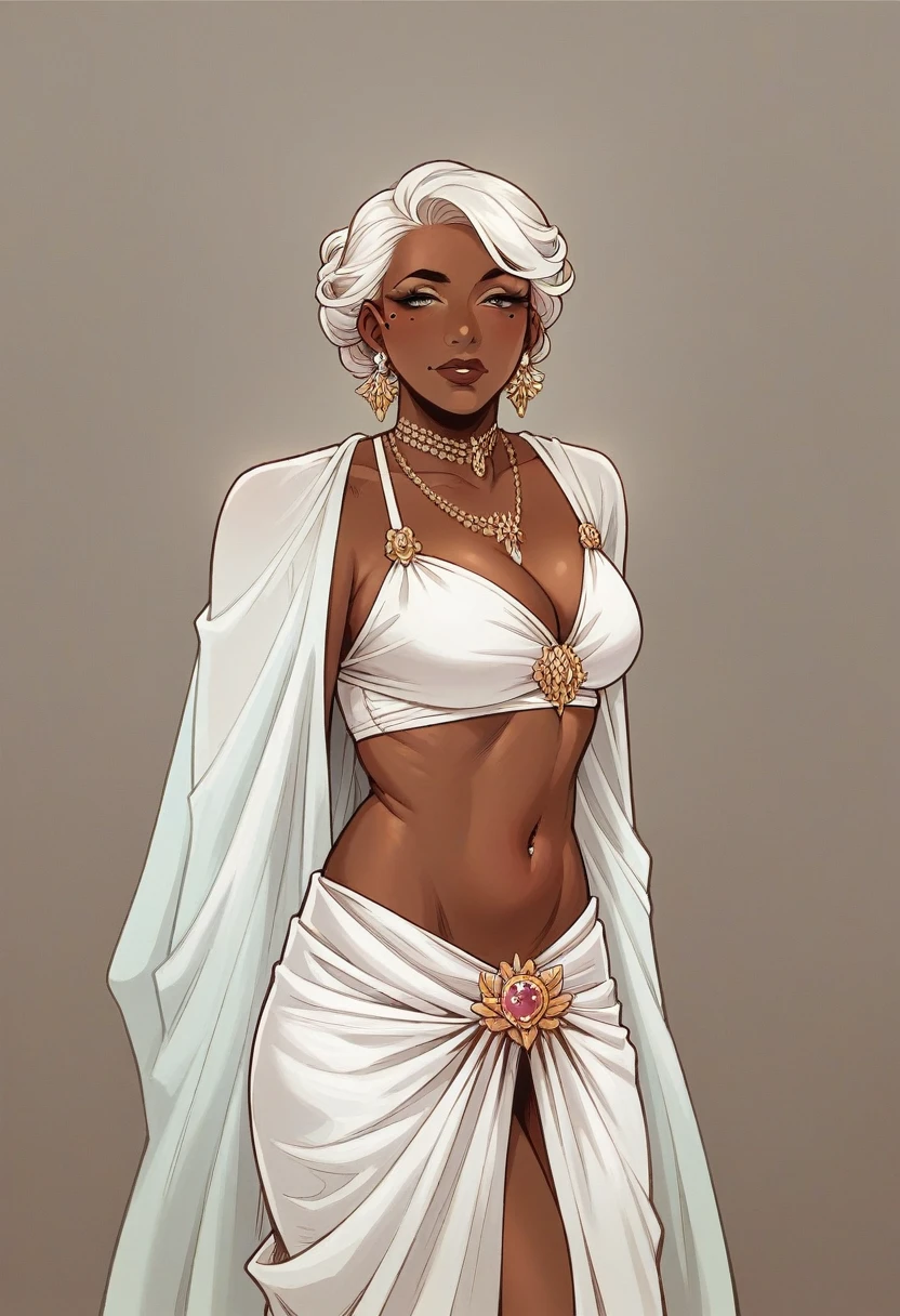 1 girl, bald pony tail,white hair, dark-skinned woman ,perfect body,fitness,large breasts,egypt outift,gold jewelrys,smug,look at viewer,oiled, sci-fi,