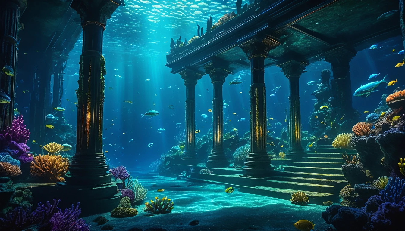 a highly detailed underwater scene, fantastical underwater civilization, glowing bioluminescent deep-sea lights, cinematic lighting, otherworldly atmosphere, vibrant colors, hyper-realistic, 8k, photorealistic, cinematic, concept art style, dramatic lighting, chiaroscuro, surreal, mysterious, ethereal, magical, fantasy, dark, moody