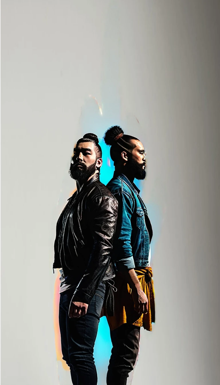 Two rockers heading in opposite directions, both depicted as silhouettes with no visible facial features. One silhouette is a man with long black hair tied in a samurai bun and a full beard. The other silhouette is a slightly chubby man with a brown beard and afro-textured hair. Both have muscular male bodies and are captured in dynamic poses. The background is a grungy urban environment with neon lights, moody lighting, and a cinematic angle. The scene is highly detailed and photorealistic, with an 8k resolution and an award-winning digital art style