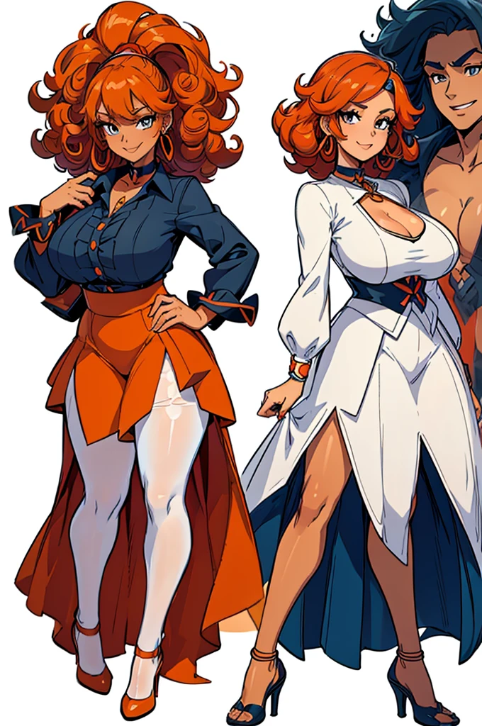 (masterpiece, best quality, high resolution, (pokemon style) ((huge breasts)) 1 mature woman, very orange curly hair, long white blouse, missing, heels, pantyhose, earrings, choker, smile, ((white background, )), ((full body standing)),
