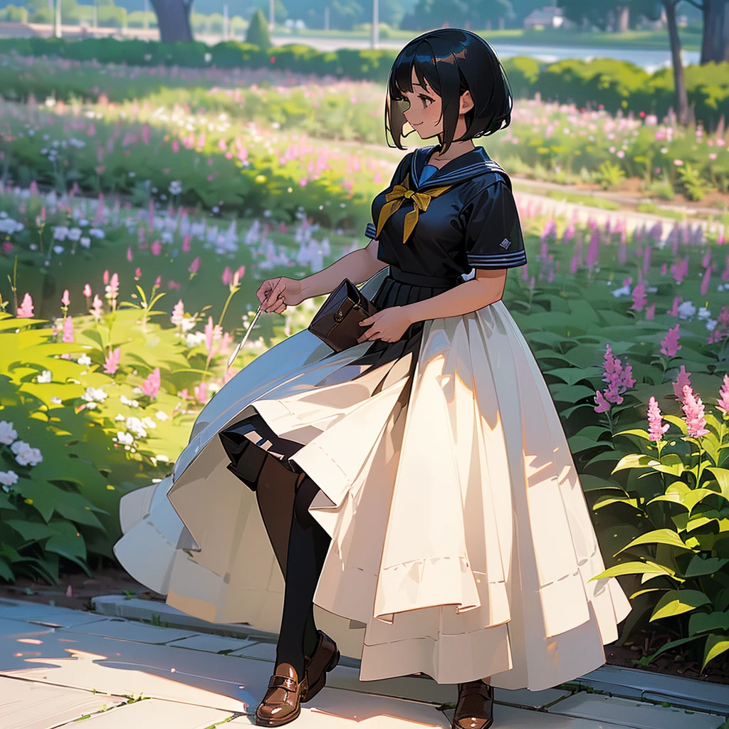 (Highest quality, High resolution, Super detailed, Realistic:1.37), Peaceful atmosphere, (Outdoor, garden), Teenage girl standing alone,(my breasts are big.),Beautifully detailed features, Cute Smile, ((Black bob hair)),Short-sleeved sailor uniform, Pleated skirt,Black tights,Brown leather shoes.
