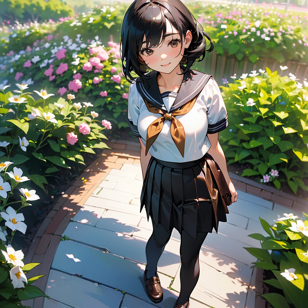 (Highest quality, High resolution, Super detailed, Realistic:1.37), Peaceful atmosphere, (Outdoor, garden), Teenage girl standing alone,(my breasts are big.),Beautifully detailed features, Cute Smile, ((Black bob hair)),Short-sleeved sailor uniform, Pleated skirt,Black tights,Brown leather shoes.