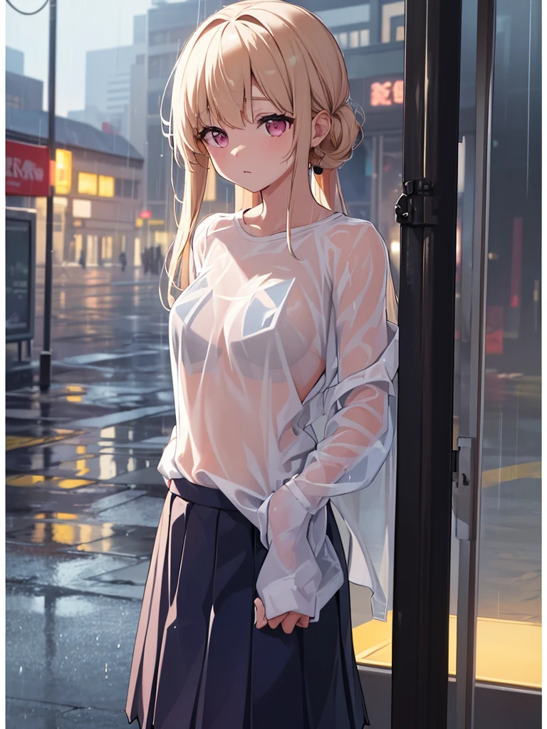 The clothes are wet, (Y-shirt is transparent: 1.4), skirt, (Unbroken body), (Perfect body structure), (arms two), (legs two), highest quality, 4K, (High resolution: 1.3) masterpiece , 1.2, Super detailed, HDR, Studio Lighting, Sharp Focus, Bright colors, Portrait, Warm tones, Soft Lighting,Rainy bus stop、