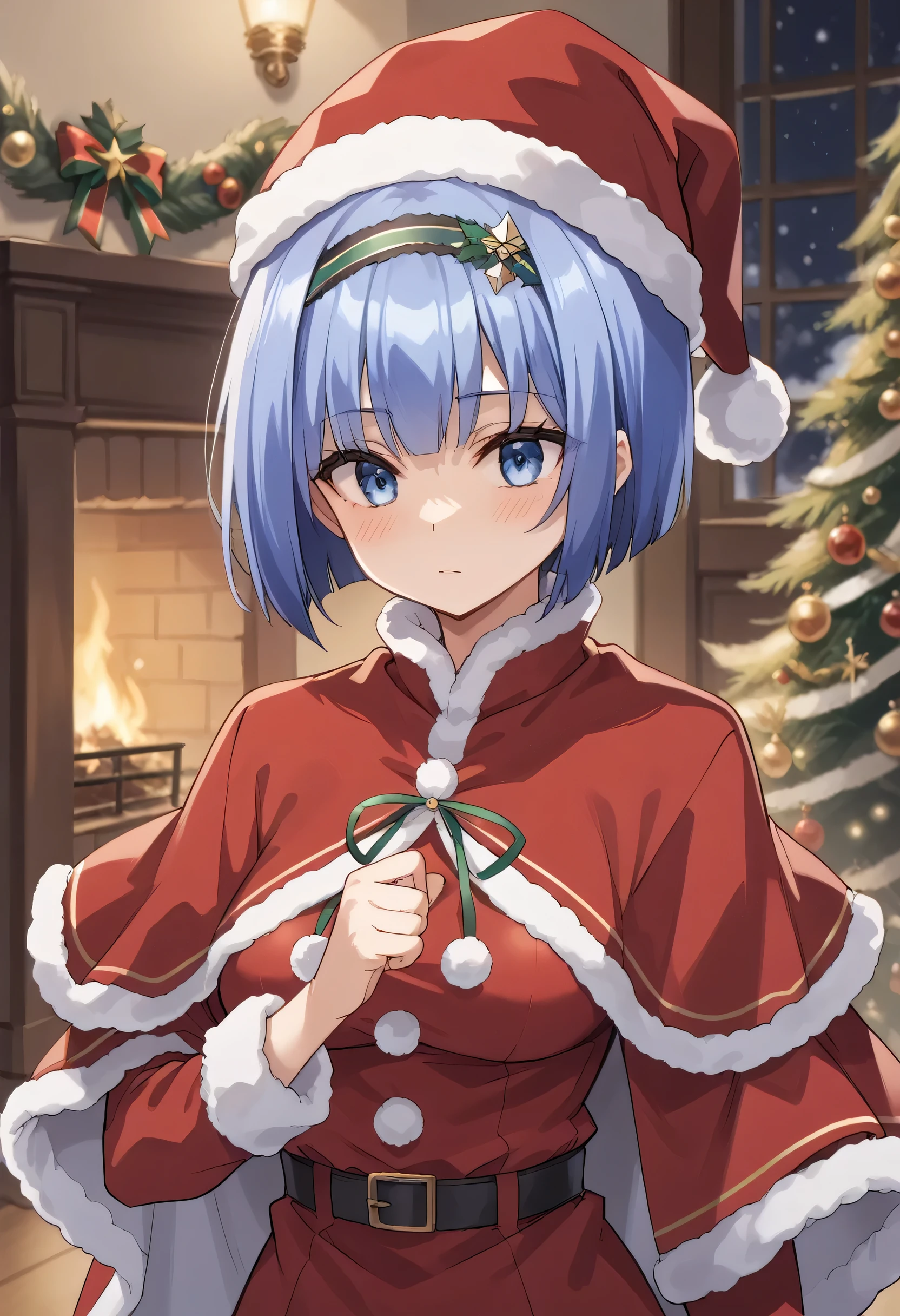 blue hair,blue eyes,short hair,jewelry hairband, short hair, bob cut
 blush, red capelet, christmas, santa dress, capelet, dress, fur-trimmed capelet, santa costume, santa hat, red dress, red headwear, bangs, breasts, fur-trimmed dress, hat, fur trim, upper body, masterpiece, best quality,
