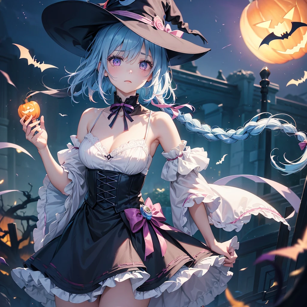 (Light blue medium hair:1.2),(Braided hair:1.2)、Pink eyes、Fair skin、cowboy shot、Halloween、The background is a pumpkin ghost、Crescent Moon、Trick or Treat、A lot of sweets、witch、Halloween night、Candy、many bat、Condescending expression、solo、(masterpiece、Highest quality、Very detailed、Best Shadow)、(Detailed Background)、(Beautifully detailed face)、High contrast、(Best lighting、Very delicate and beautiful)、(Cinematic Light)、colorful、Hyper Detail、Dramatic Light、Exquisite detail、