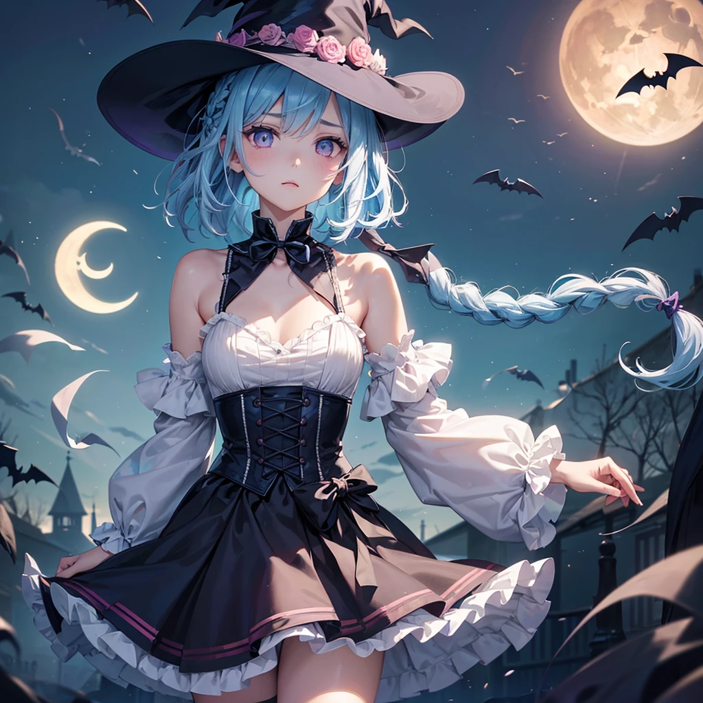 (Light blue medium hair:1.2),(Braided hair:1.2)、Pink eyes、Fair skin、cowboy shot、Halloween、The background is a pumpkin ghost、Crescent Moon、Trick or Treat、A lot of sweets、witch、Halloween night、Candy、many bat、Condescending expression、solo、(masterpiece、Highest quality、Very detailed、Best Shadow)、(Detailed Background)、(Beautifully detailed face)、High contrast、(Best lighting、Very delicate and beautiful)、(Cinematic Light)、colorful、Hyper Detail、Dramatic Light、Exquisite detail、
