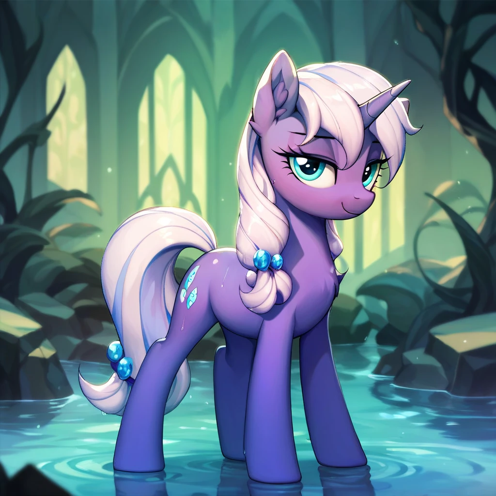 score_9, score_8_up, score_7_up, score_6_up, score_5_up, score_4_up, (by aki99), source_pony, rating_suggestive, (feral unicorn pony light blue coat white hair lilac eyes), bedroom eyes, oiled, shiny, water play, wet , masterpiece, detailed soft lighting, ear fluff,