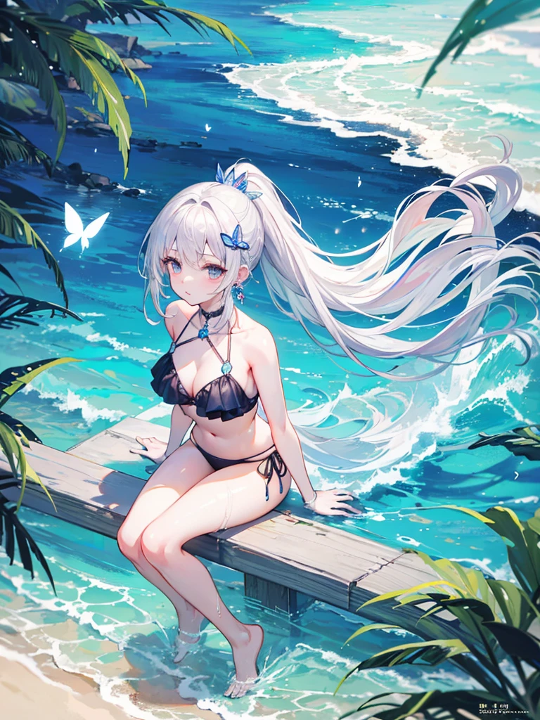 High resolution, masterpiece, accurate, Highest quality, Winner of numerous awards, High-resolution model, 
Silver Hair, Wet Hair, Super long hair, ponytail, 
slender、
Seaside, 
Butterfly Hair Ornament, Crystal Earrings, 
Swimwear, Simple bikini,
Character portrait, whole body