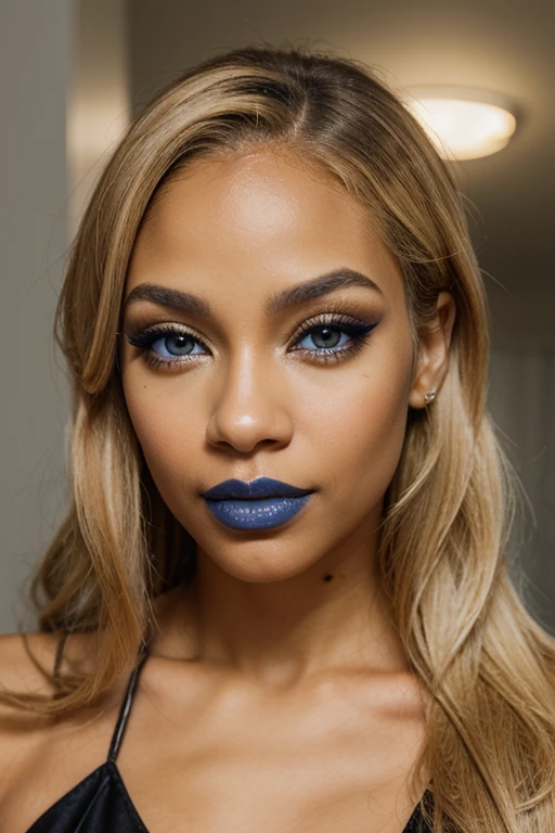 light skin biracial woman with golden blond hair blue highlights and light brown eyes with makeup, black eyeshadow and blue lips