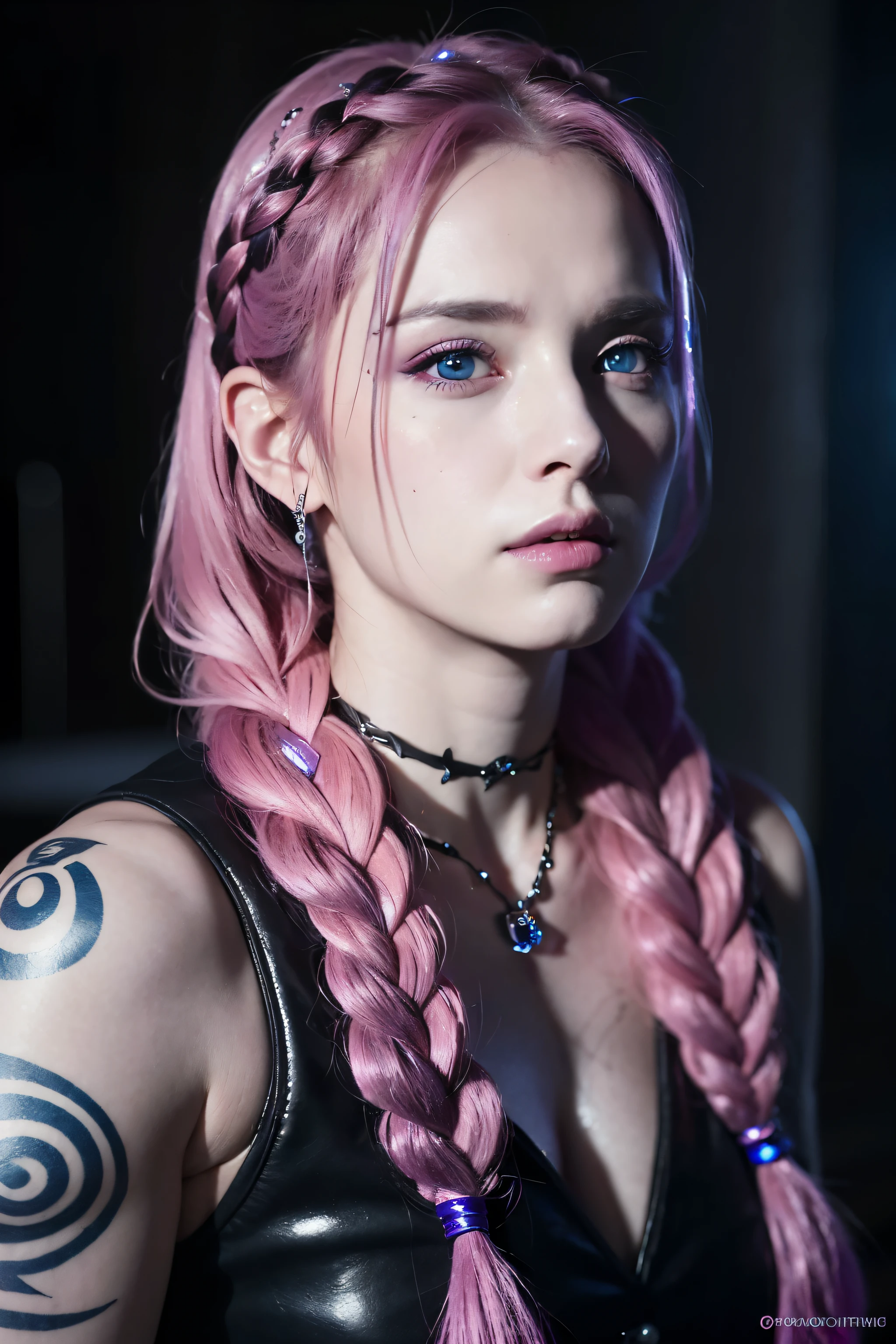 a dark soul witch, woman with long braided hair, purple and pink hair, piercing blue eyes, runes tattoos, (best quality,4k,8k,highres,masterpiece:1.2),ultra-detailed,(realistic,photorealistic,photo-realistic:1.37),intricate detailed portrait, dark fantasy, dramatic lighting, moody atmosphere, cinematic composition