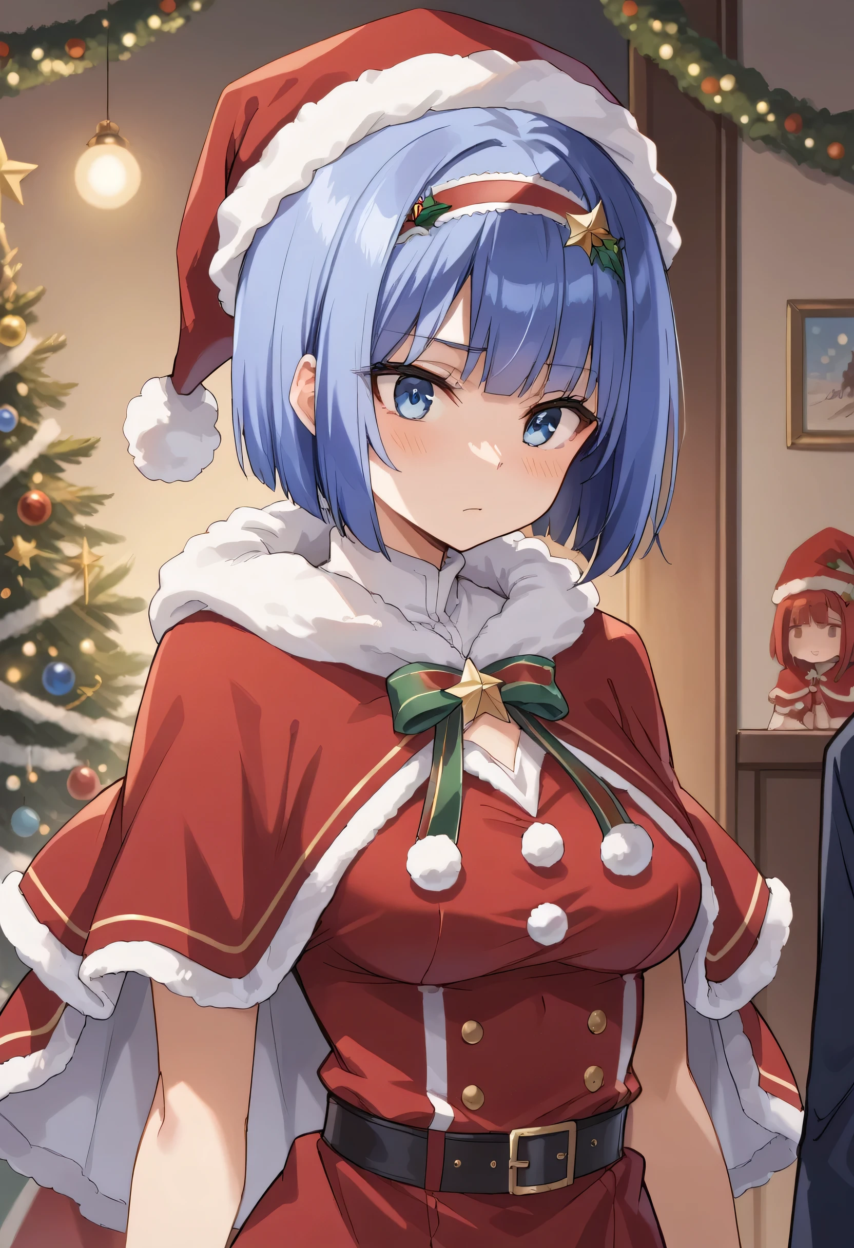 blue hair,blue eyes,short hair,jewelry hairband, short hair, bob cut
 blush, red capelet, christmas, santa dress, capelet, dress, fur-trimmed capelet, santa costume, santa hat, red dress, red headwear, bangs, breasts, fur-trimmed dress, hat, fur trim, upper body, masterpiece, best quality,
