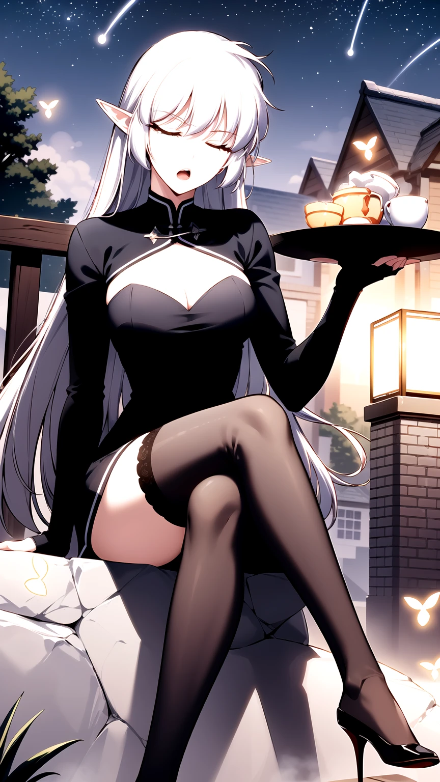 best quality, (masterpiece:1.2), detailed, alice, ;o, one eyes closed, grey hair, long hair, red eyes, pointy ears, large breasts, black dress, cleavage cutout, long sleeves, thighhighs, thigh strip, sitting, crossed legs, head tilt, looking at the viewer, castle, night, fireflies, starry sky