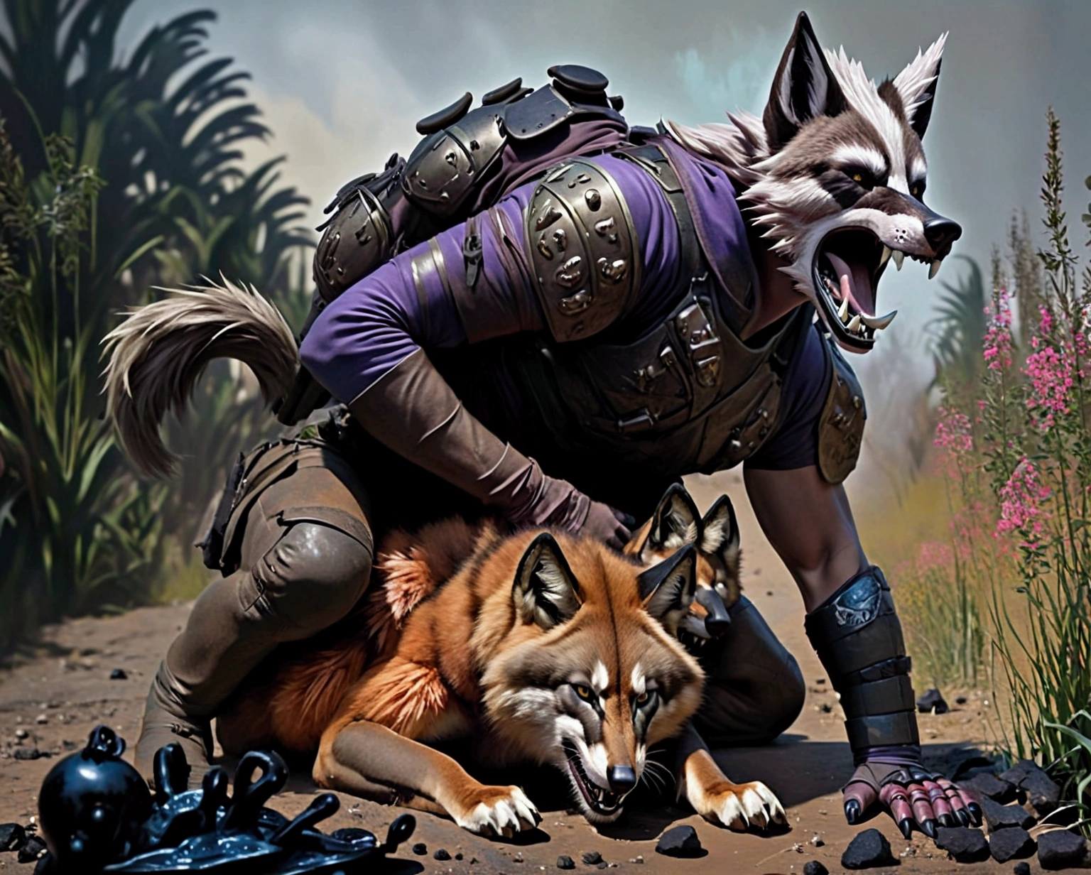 Kenket, Ross Tran, Ruan Jia, an Anthropomorphic great horned owl, two heads, (female:1.3), messy diaper with blood on it, cyberpunk, white body armor, sword dripping with blood, strained expression, (blood:1.3), 
