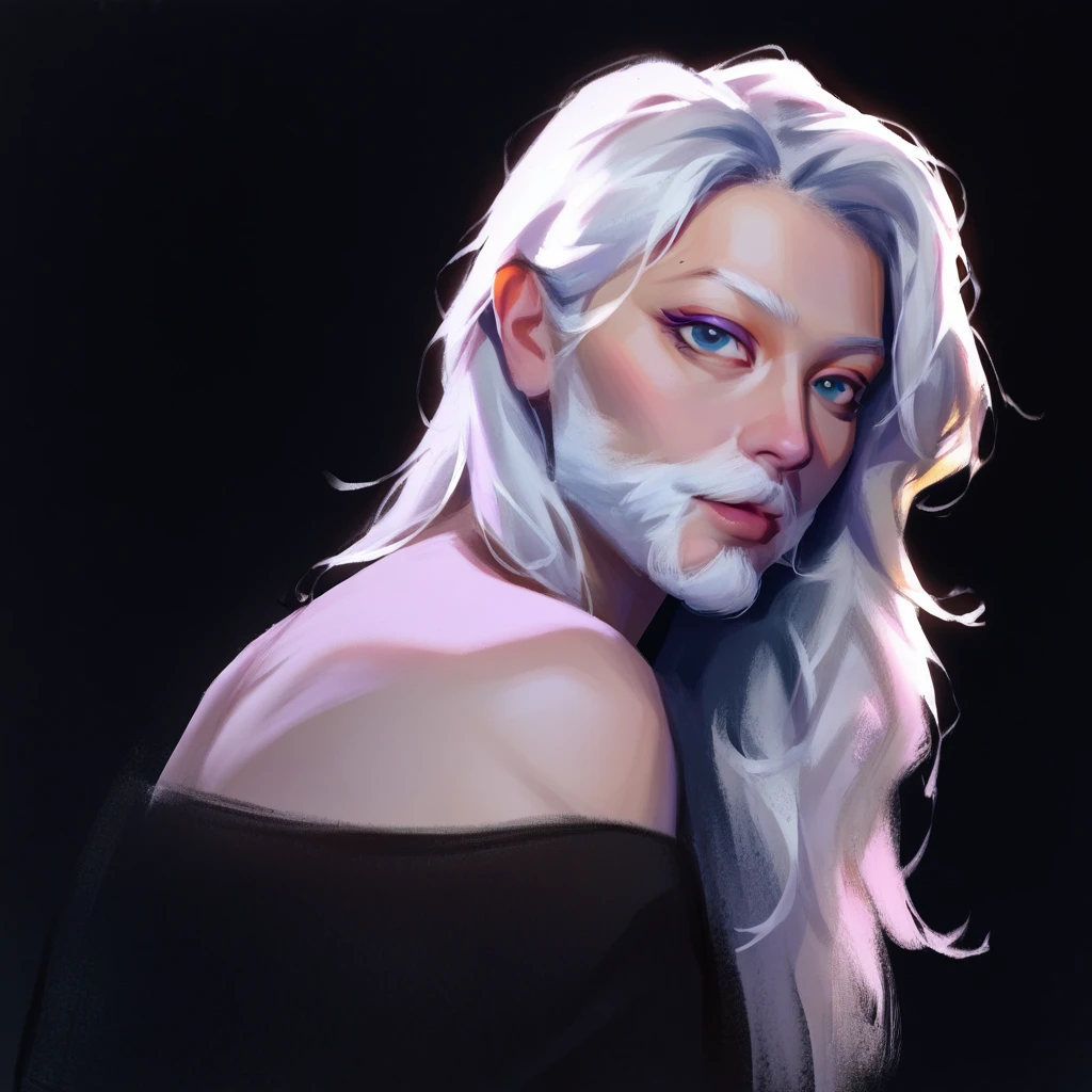 smudgy, traditional art, liu2, brush texture, score_9, score_8_up, score_7_up, score_6_up, score_5_up, score_4_up, BREAK  1old man, half body, white long hair, beard, sexy, dark black background, looking at viewer, (masterpiece, high quality:1),

