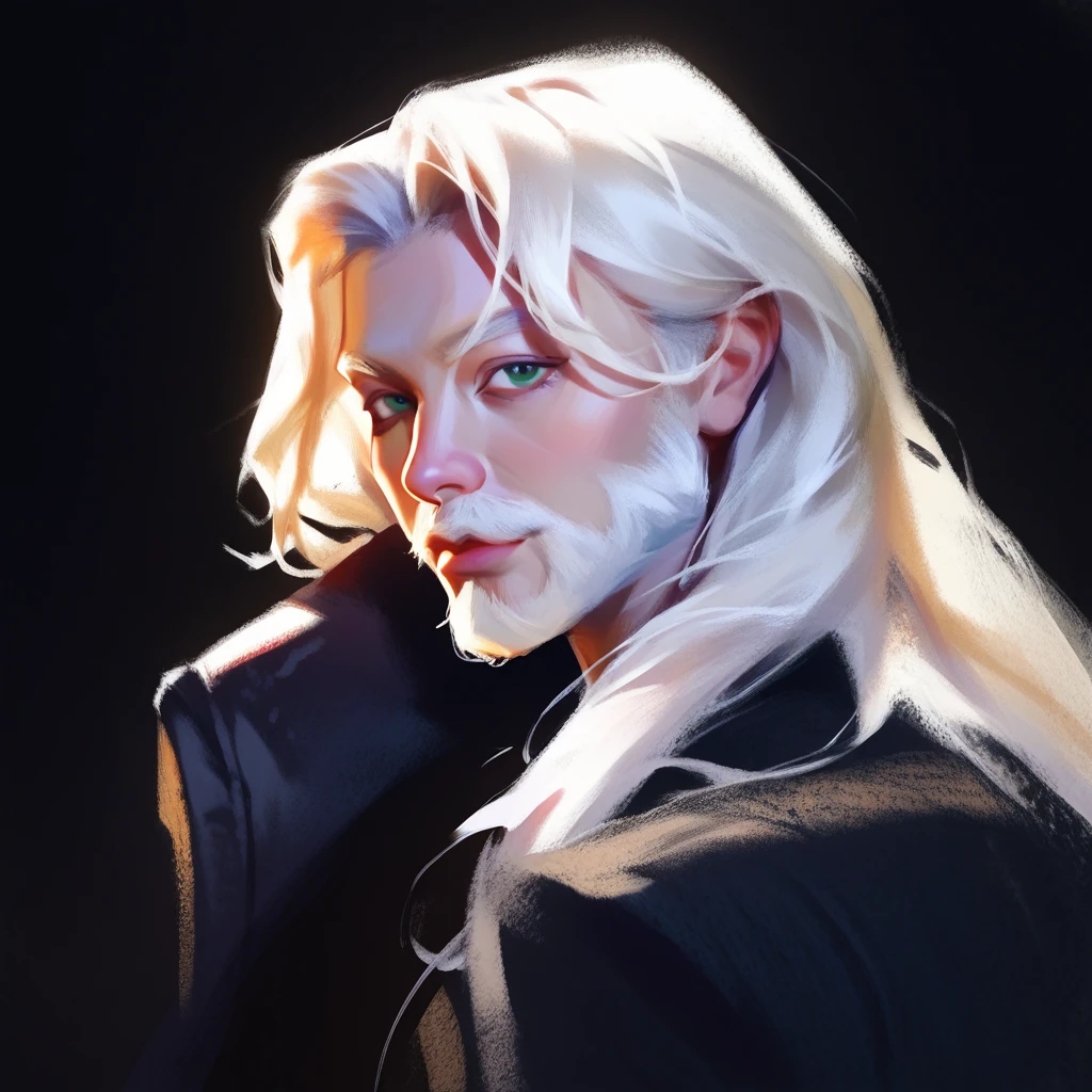 smudgy, traditional art, liu2, brush texture, score_9, score_8_up, score_7_up, score_6_up, score_5_up, score_4_up, BREAK 1old man, half body, white long hair, beard, sexy, dark black background, looking at viewer, (masterpiece, high quality:1),