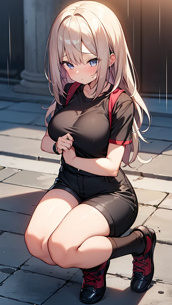Full body image, front, One girl, 18-year-old, Mix 4, (32K, RAW Photos, Highest quality, masterpiece:1.2), (Anime-like, photoAnime-like:1.37), cute, Short sleeve T-shirt,Shorts,Black knee socks, night, rain, Humidity, Professional Lighting, Photon Mapping, Radio City, Physically Based Rendering, Super Resolution, (Big Breasts:1.2), {{The biological weapon that had preyed on the younger sister took her place and reunited with the older brother, The rebellious little sister has become the obedient little sister}}, Girl Skull, whole body, NSFW