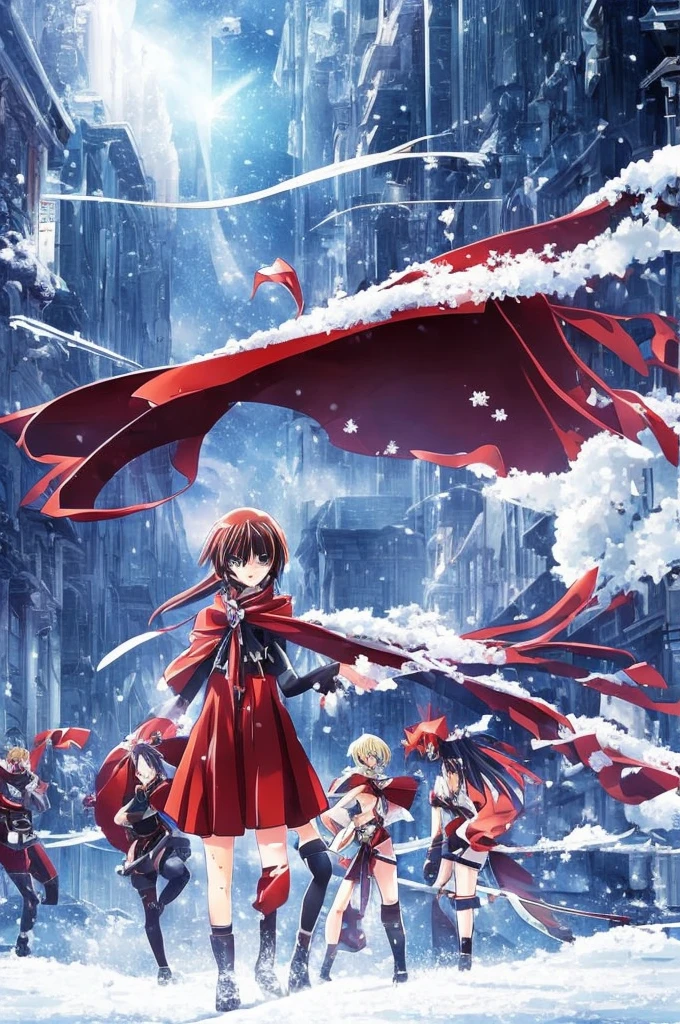 (anime style) (anime cover) movie cover, epic scene, spectacular landscape, A large destroyed city hit by a huge snowstorm that covers everything with a thick layer of snow, during the dead of night.