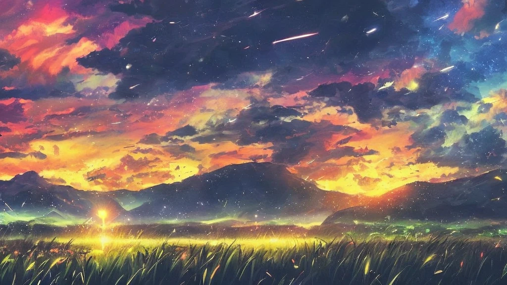 anime background, concept art, landscape, grassfield on thunderbolt storm, thunders destroying a grassfield, landscape being destroyed by thunders all over the sky