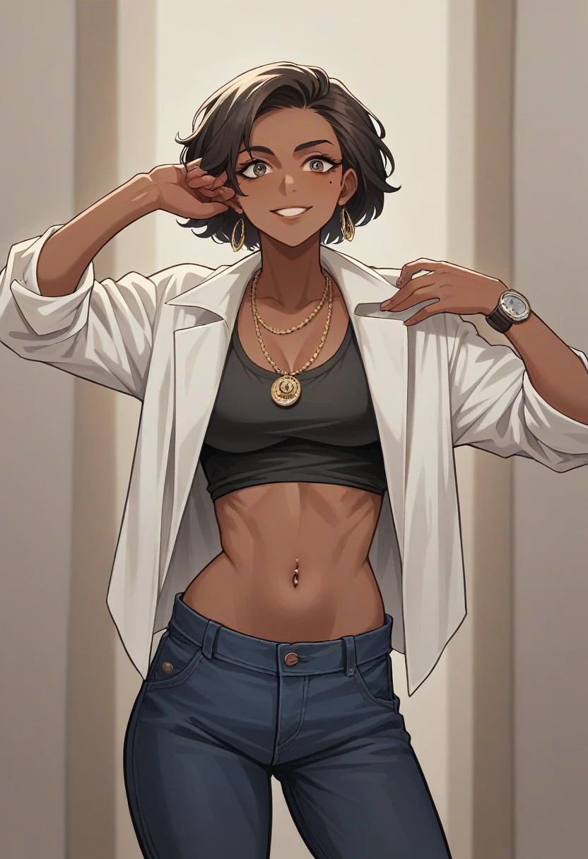 (8k, Best Quality, masterpiece:1,2), (realist, photo-realist:1,37), top quality, masterpiece, A pretty woman. urban style. The style of Latin women., dark skin with a mole near the chin, pretty eyes, by the wide, straight, negro, He wears a watch on his left hand and has a piercing in his navel.