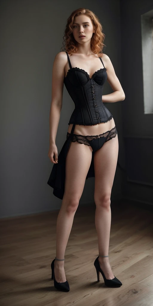 1 girl in, , Alone, aesthetic work, Irish, ginger wavy hair, shoulder length hair, grey eyes, light gray eyes, Pale skin, medium breasts, running corps, (textured skin, skin pores:1.1), Goosebumps, boudoir, black corset with black thong, long legs, black platform high heels, Full body photo 