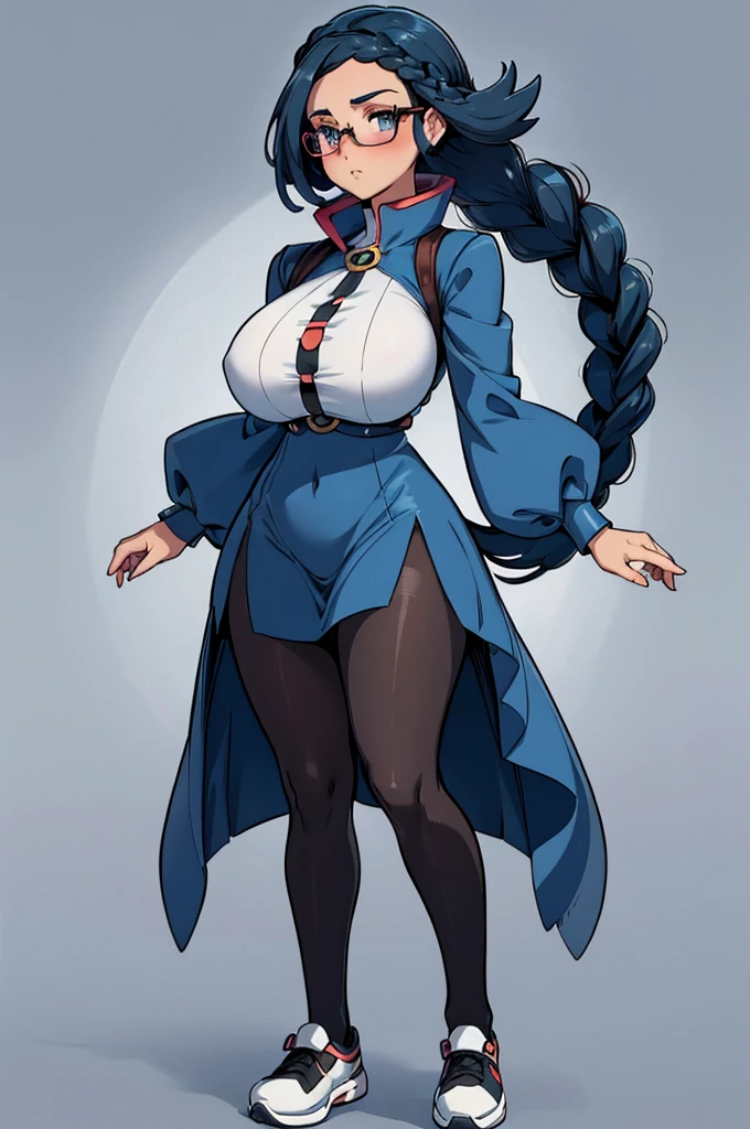 (masterpiece, best quality, high resolution, (pokemon style) ((huge breasts)) 1 girl, dark blue hair in 2 braids, glasses, long-sleeved dress with high collar, black pantyhose, blush, black shoes,(( white background,)) , ((full body standing)),