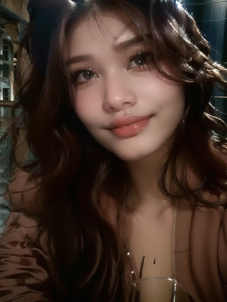 there is a woman who is sitting at a table with a glass,, very beautiful face, with a cute face - beautiful,