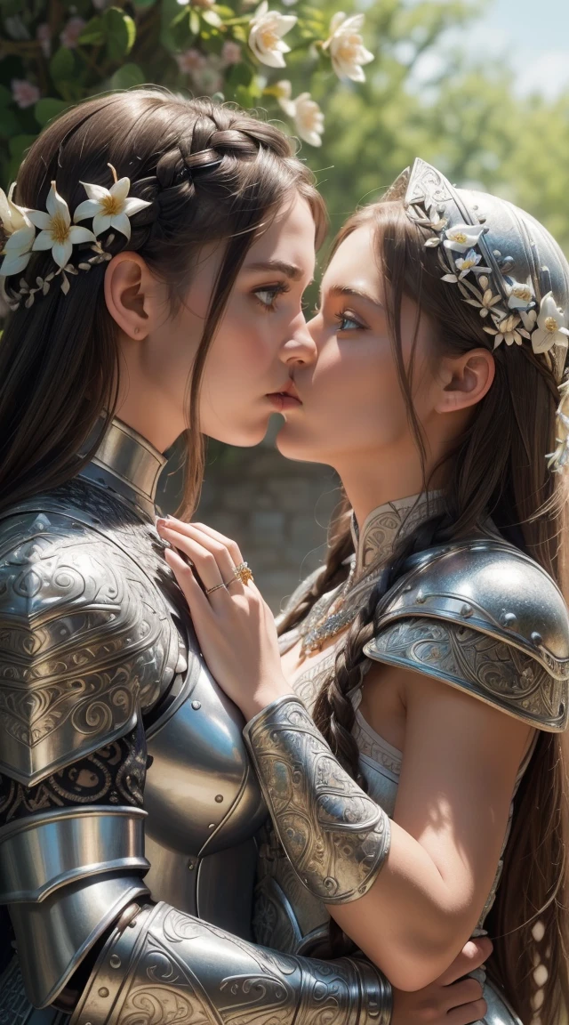 (masterpiece, best quality),(extremely intricate:1.3), (realistic), (two gorgeous and stunning girls are deeply in love with each other, kiss:1.3), 18 year old, caucasian, green eyes, perfect eyes, perfect iris, perfect pupils, perfect lips,perfect nose, perfect hands, very detailed hands, perfect fingers, black hair, short hair, straight hair, small braid in her hair, (medieval armor), metal reflections, (((white armor,))) outdoors, far away castle, (ornately decorated armor), (insanely detailed, bloom:1.5), chainmail, intense sunlight, professional photograph of a stunning woman detailed, sharp focus, award winning, cinematic lighting, blurry background, upper body, ((confident)), (Pose:looking at the camera)